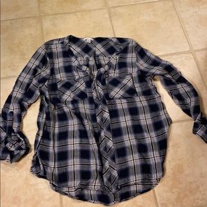 V-neck navy plaid shirt